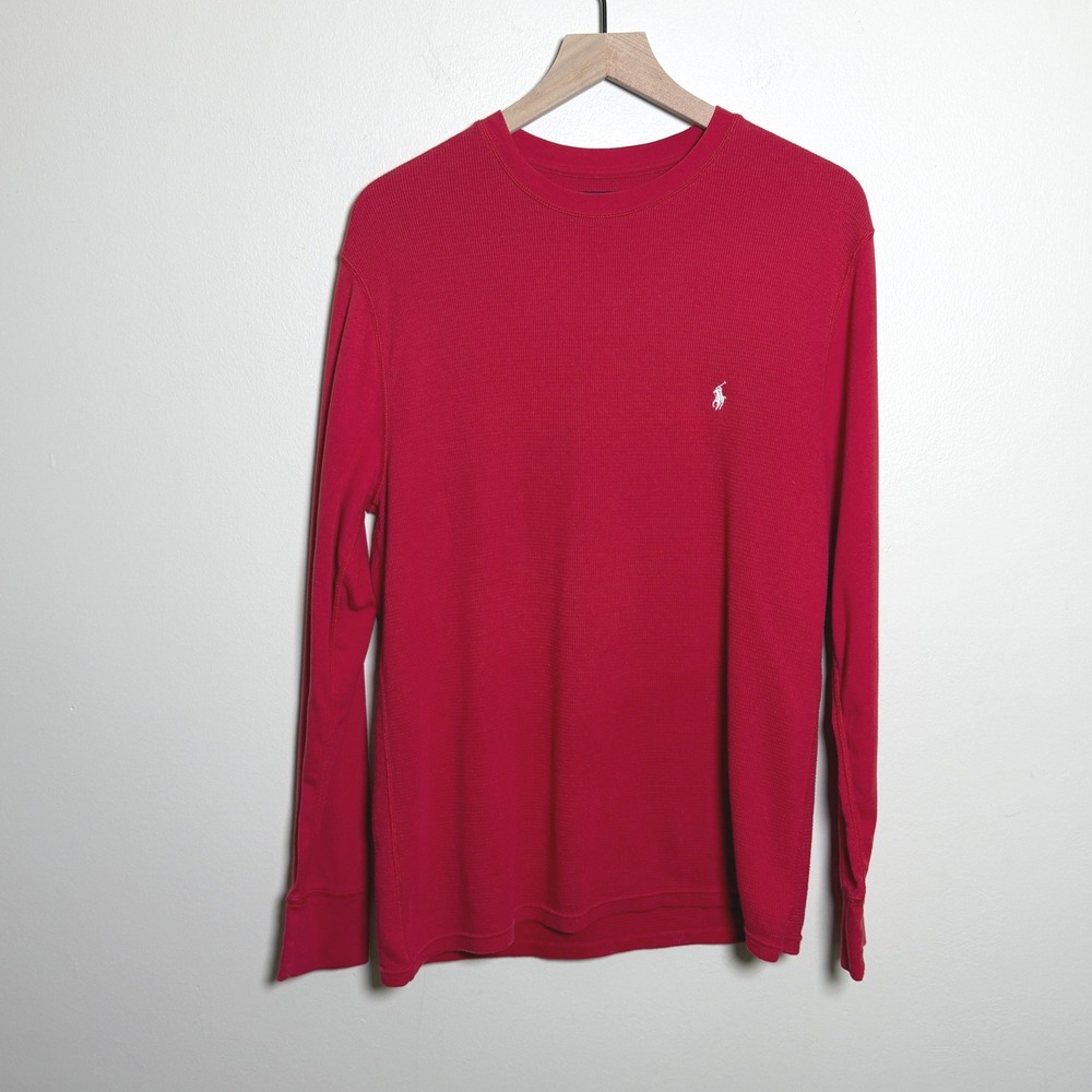 Polo Ralph Lauren Mens Large Red Waffle Knit Thermal Long Sleeve Crew Neck Shirt